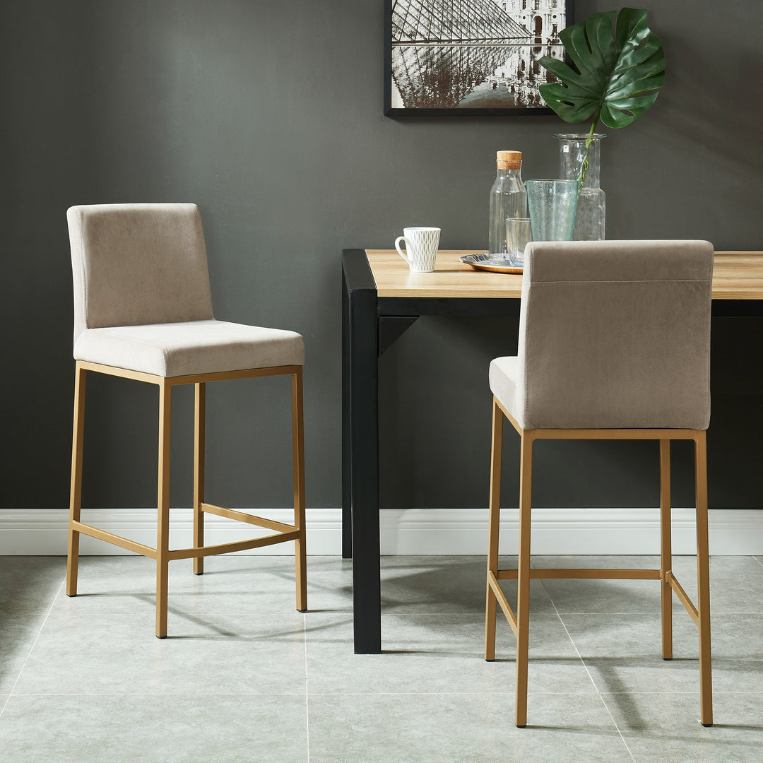 Valtressa Counter Stool – Set of 2, 26" Velvet Upholstered Stools with Fixed Seat and Matte Aged Gold Metal Base