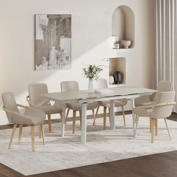 Jovrano 7-Piece Contemporary Extendable Dining Set with Travertine Sintered Stone Table And Sand Faux Leather Chairs