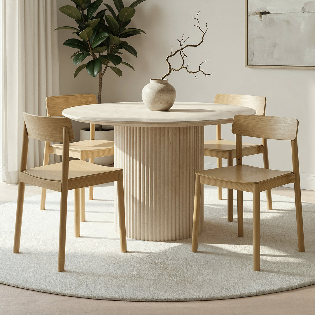 Westmont Modern Round Pedestal Dining Table Set with Travertine Sintered Stone Top And Natural Oak Stackable Chairs