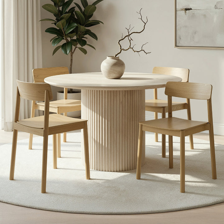 Westmont Modern Round Pedestal Dining Table Set with Travertine Sintered Stone Top And Natural Oak Stackable Chairs