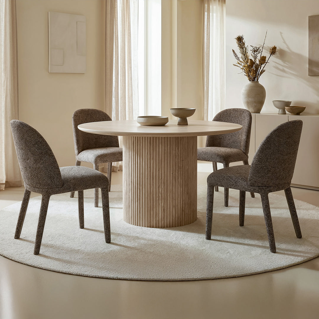 Yorkmere 5-Piece Modern Round Pedestal Dining Table Set with Travertine Sintered Stone Top And Multi-Toned Fabric Chairs