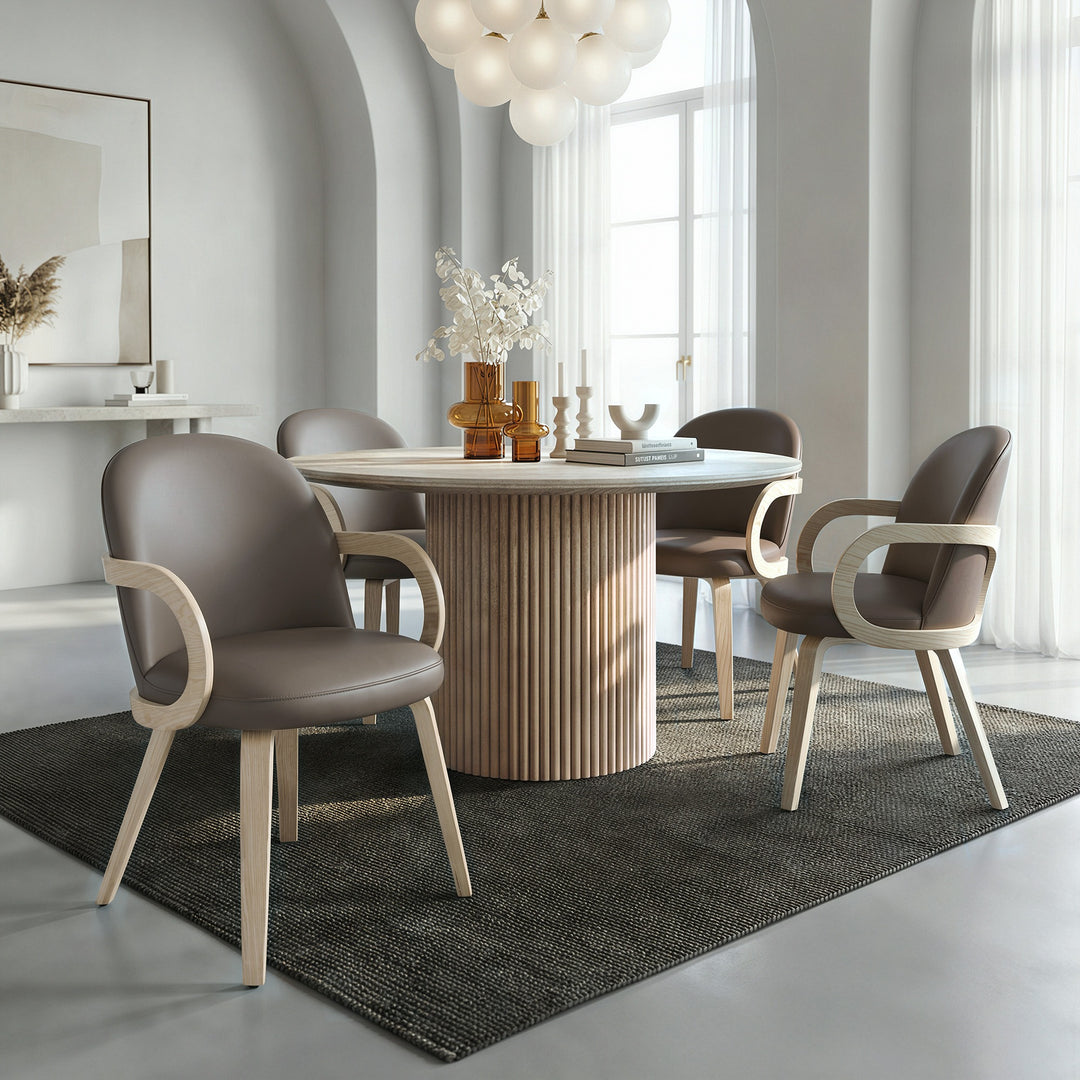 Valeshire 5-Piece Modern Round Pedestal Dining Table Set with Travertine Sintered Stone Top And Dark Taupe Faux Leather Chairs