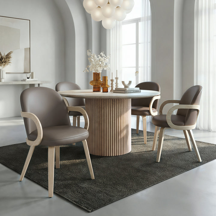 Valeshire 5-Piece Modern Round Pedestal Dining Table Set with Travertine Sintered Stone Top And Dark Taupe Faux Leather Chairs