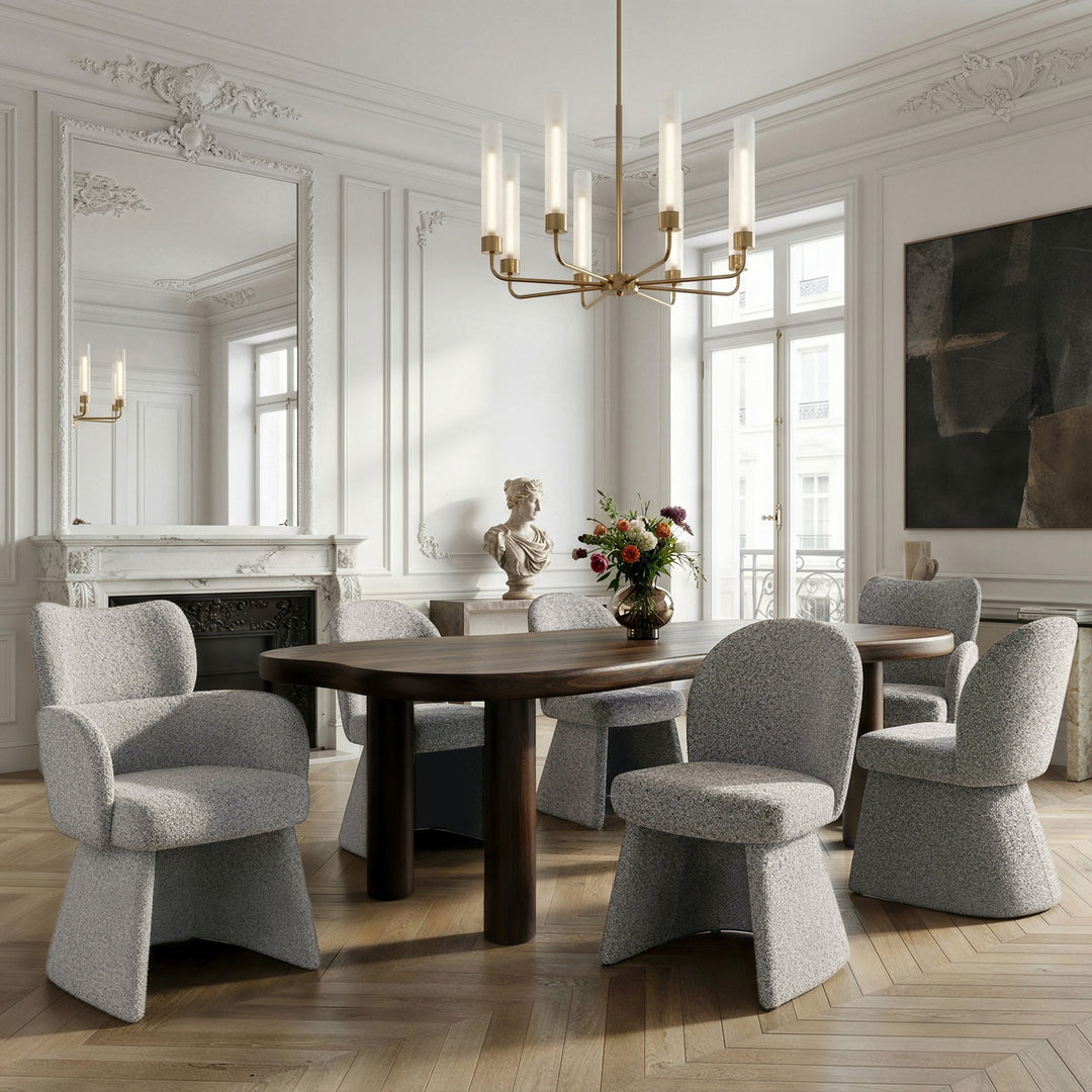 Bellmont 7-Piece Freeform Solid Mango Wood Dining Table Set with Dark Walnut Finish & Multi-Tone Boucle Upholstered Chairs