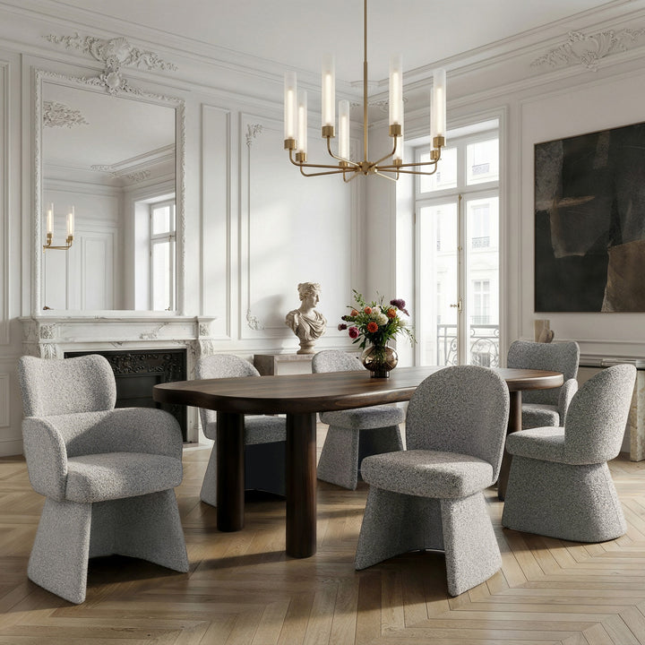 Bellmont 7-Piece Freeform Solid Mango Wood Dining Table Set with Dark Walnut Finish & Multi-Tone Boucle Upholstered Chairs