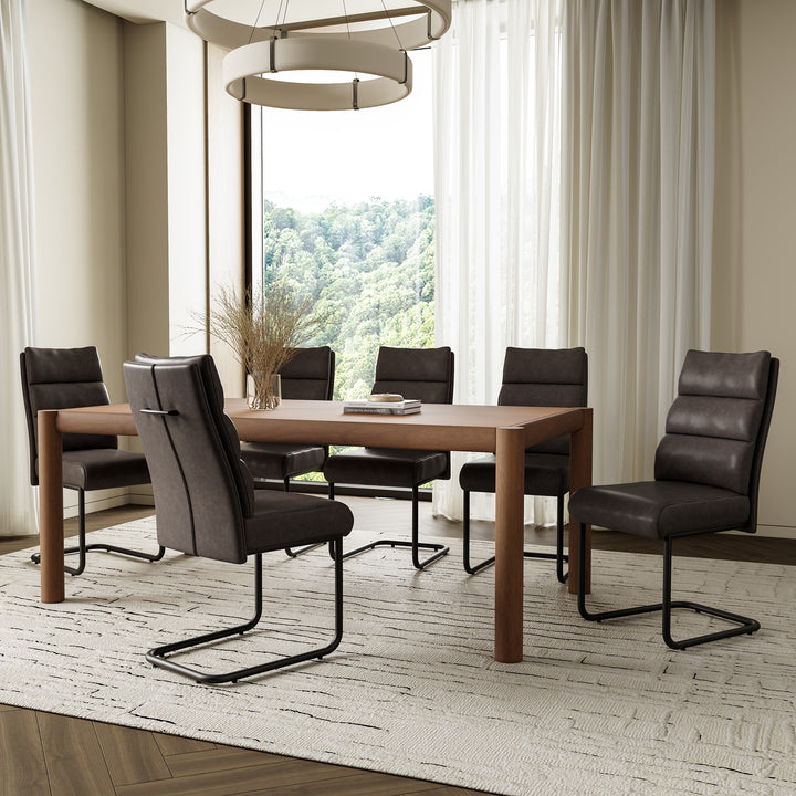 Granver Mid-Century Modern 7-Piece Dining Set – Walnut Table & Black Faux Leather Chairs