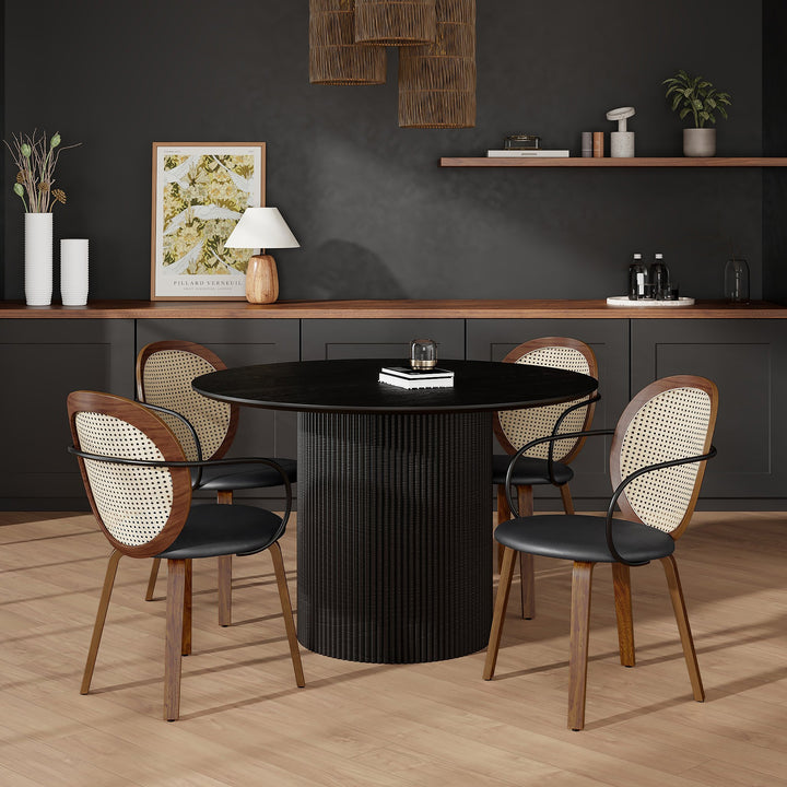Estavon 5-Piece Mid-Century Modern Round Dining Table Set with 4 Faux Rattan Chairs, Oak Veneer Tabletop & Reeded Pedestal Base – Walnut/Black