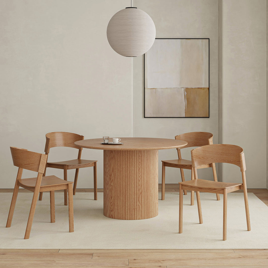Kervano Modern Round Dining Table Set with 4 Stackable Oak Dining Chairs