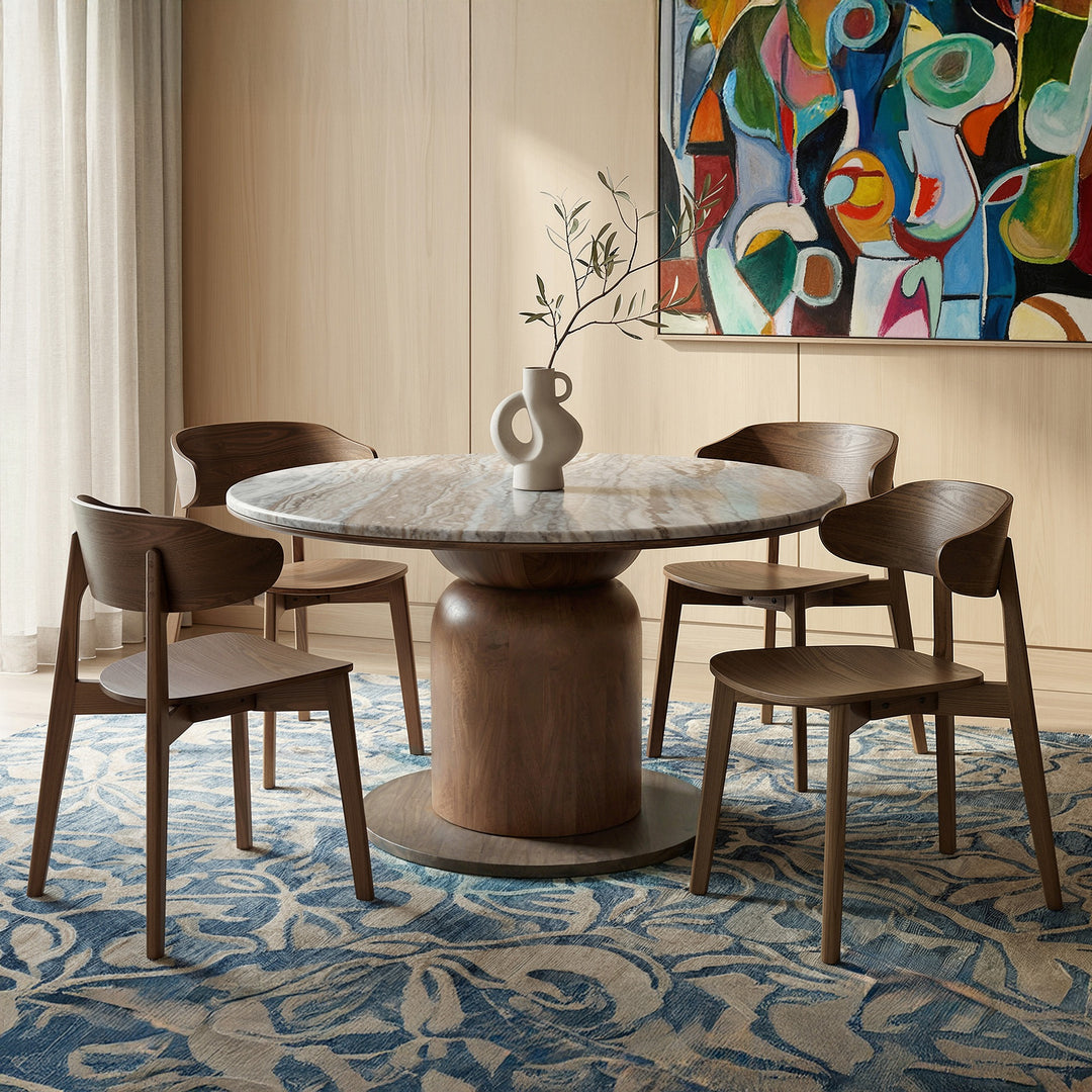 Norestone Mid-Century Modern Round Dining Table with Solid Mango Wood Pedestal Base, Fantasy Brown Marble Top & Walnut Finish