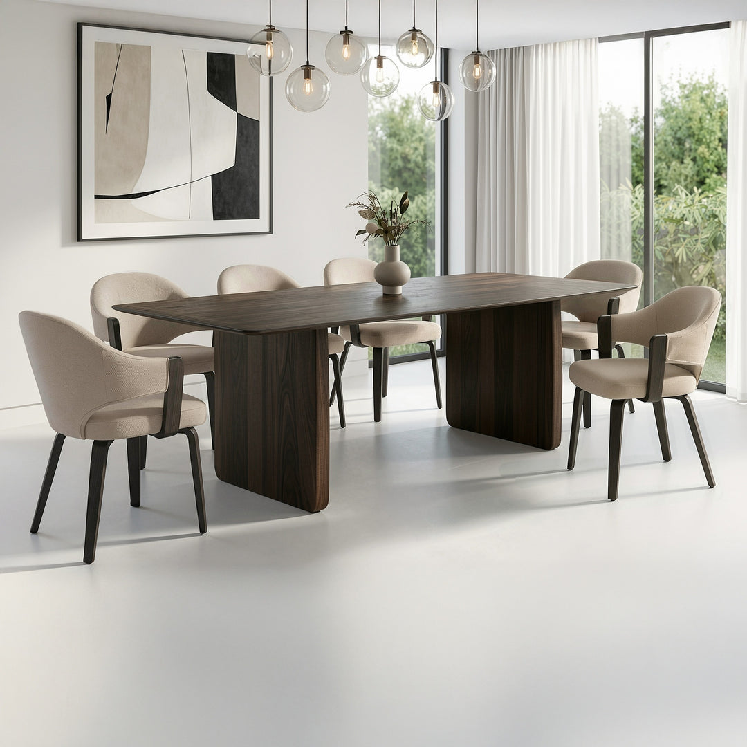 Hartello 7-Piece Mid-Century Modern Mocha Dining Set with Toffee Performance Fabric Chairs