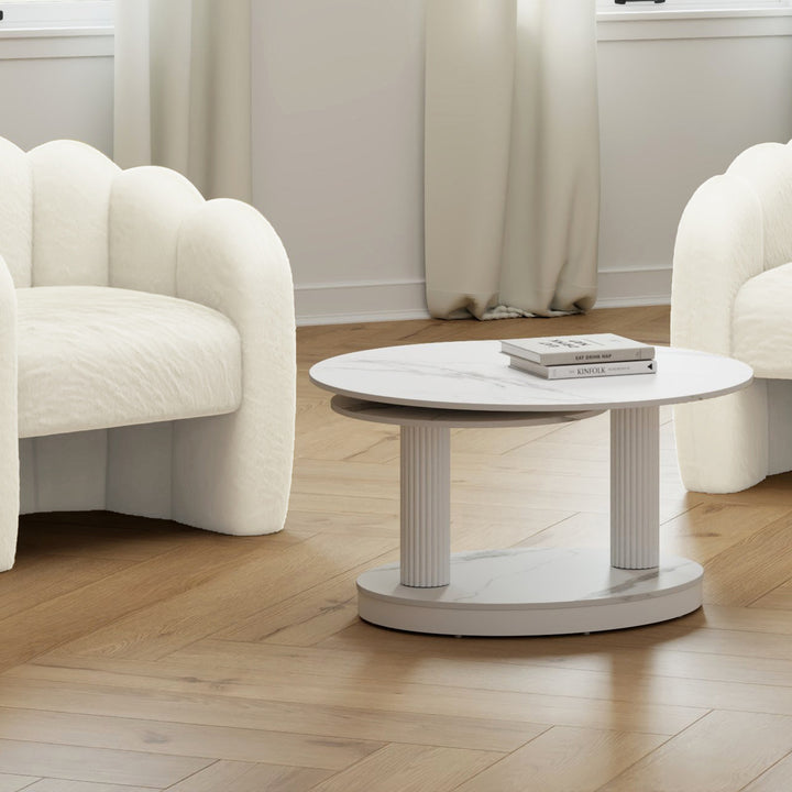 Trionex Contemporary Coffee Table – Extendable Sintered Stone Top with White Marble Finish & Reeded Steel Base