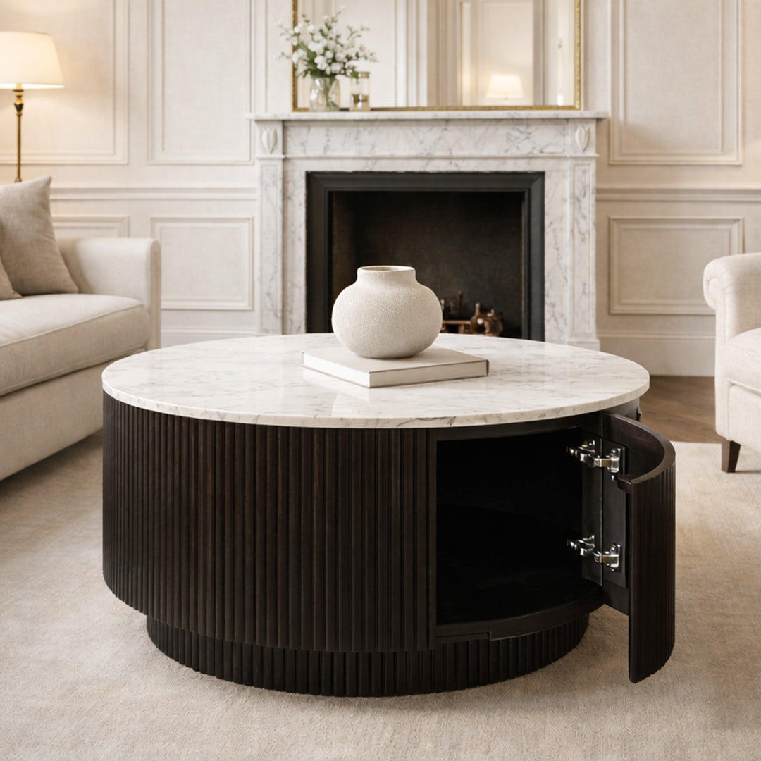 Roskell Mid-Century Modern Round Coffee Table with White Marble Top And Hidden Storage