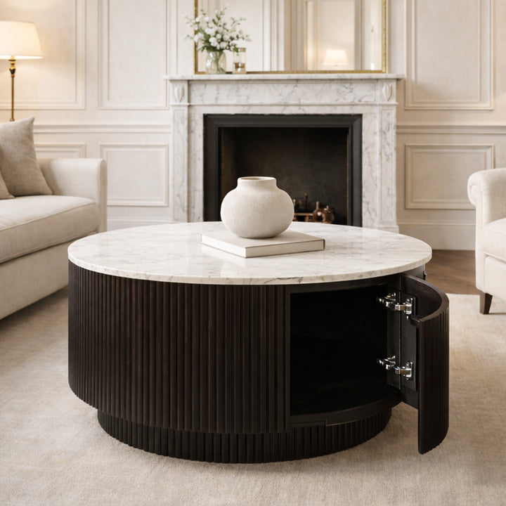 Roskell Mid-Century Modern Round Coffee Table with White Marble Top And Hidden Storage
