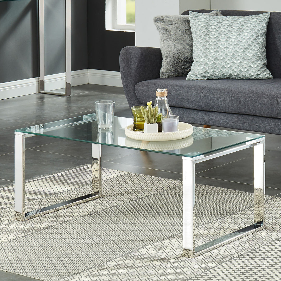 Elsinora Contemporary Coffee Table – 8mm Clear Tempered Glass Top with Stainless Steel Frame (Polished Silver Finish)
