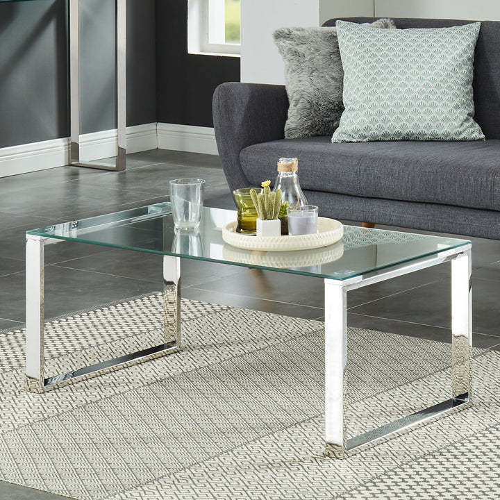 Elsinora Contemporary Coffee Table – 8mm Clear Tempered Glass Top with Stainless Steel Frame (Polished Silver Finish)