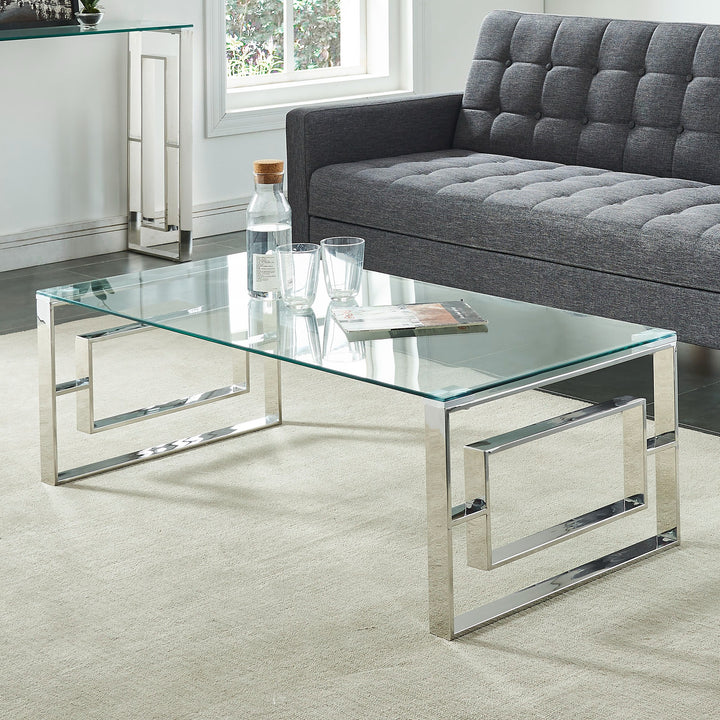 Virello Contemporary Coffee Table – 8mm Clear Tempered Glass Top with Geometric Lattice Stainless Steel Frame (Polished Silver Finish)