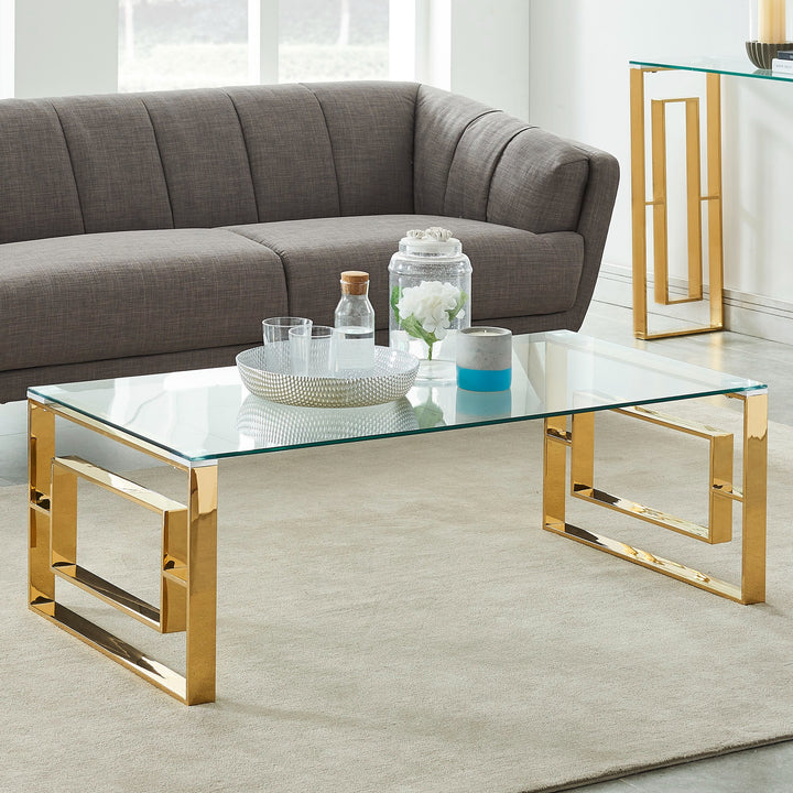 Velquro Contemporary Coffee Table – 8mm Clear Tempered Glass Top with Geometric Lattice Stainless Steel Frame (Polished Gold Finish)