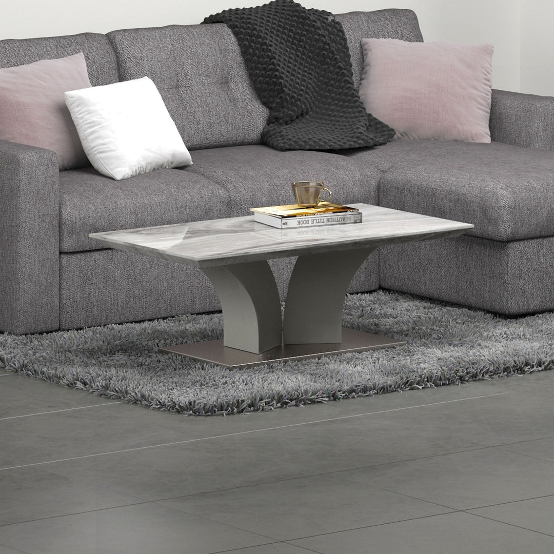 Omnira Modern Coffee Table – Reverse Bevel Faux Marble Top with Geometric Grey Posts & Stainless Steel Wrapped Base