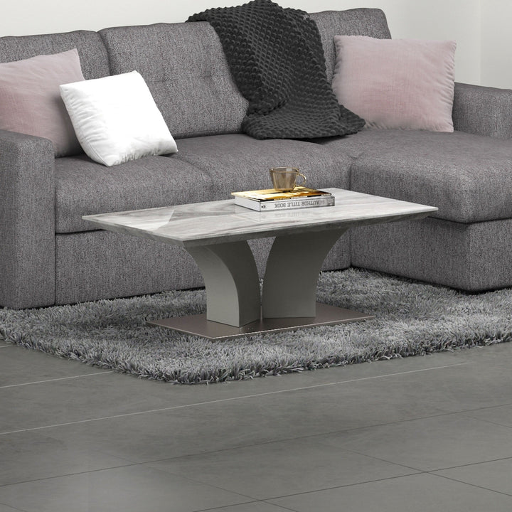 Omnira Modern Coffee Table – Reverse Bevel Faux Marble Top with Geometric Grey Posts & Stainless Steel Wrapped Base