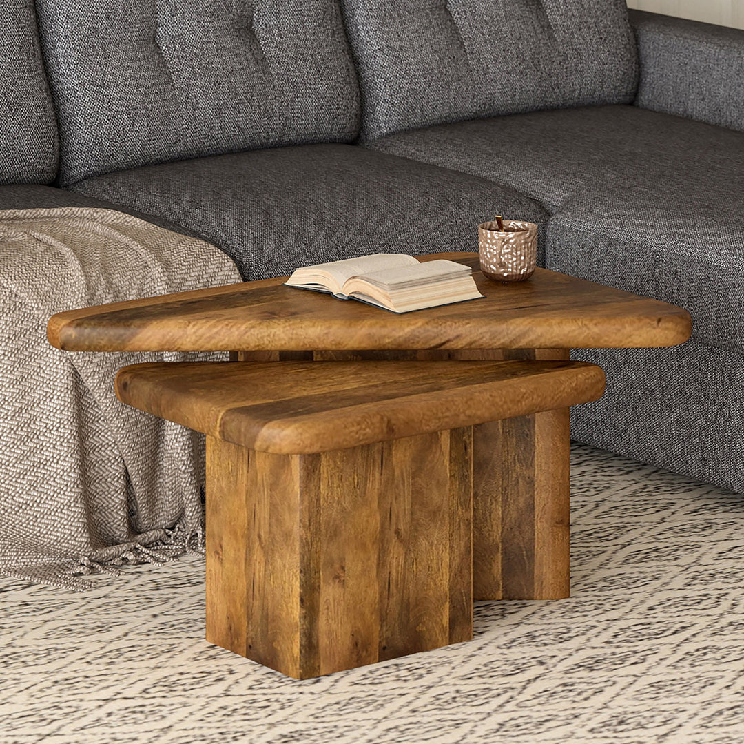 Calnex Mid-Century Modern Nesting Coffee Table Set – 2-Piece Solid Mango Wood Triangular Tables (Light Walnut Finish)