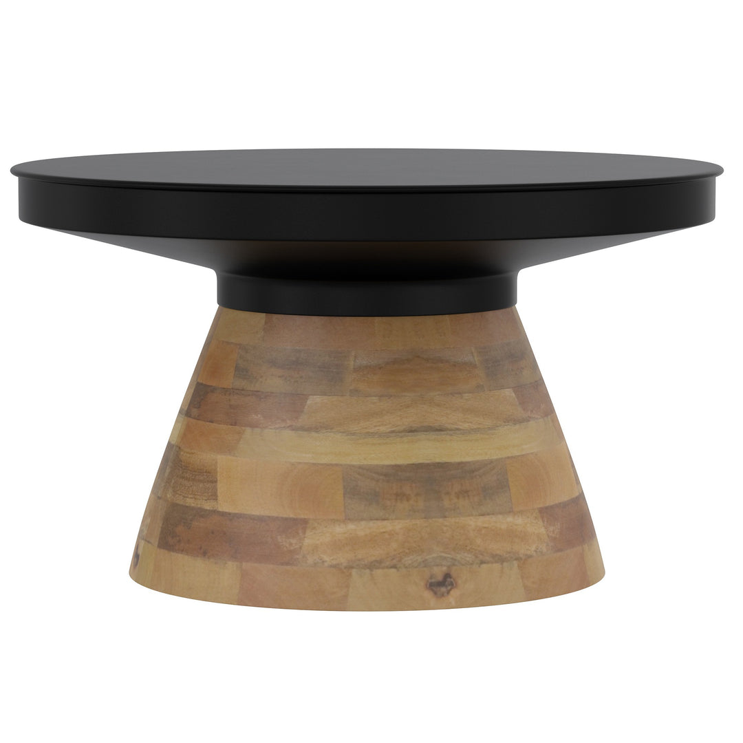 Dravon 2-Piece Round Coffee Table Set – Black Iron Top with Solid Mango Wood Base (Light Walnut Finish)