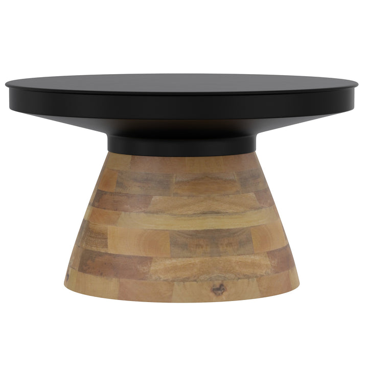 Dravon 2-Piece Round Coffee Table Set – Black Iron Top with Solid Mango Wood Base (Light Walnut Finish)