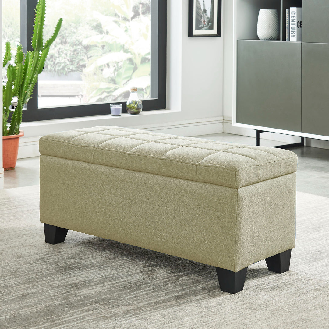 Mytrano Modern Storage Bench – Square Tufted Upholstered Bench with Deep Storage & Safety Hinges