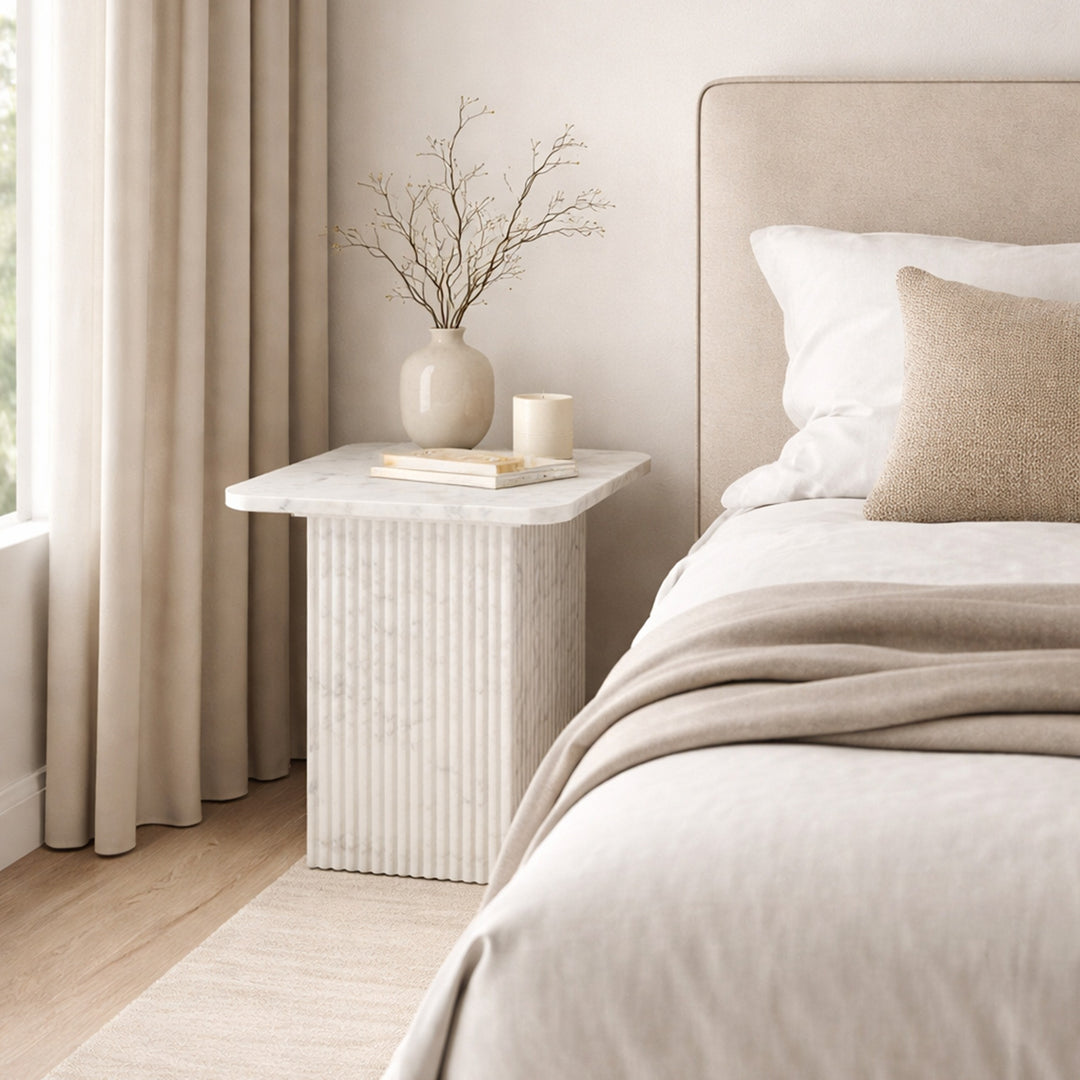 Stonevale Modern Sculpted Marble Accent Table with Fluted Square Pedestal Base