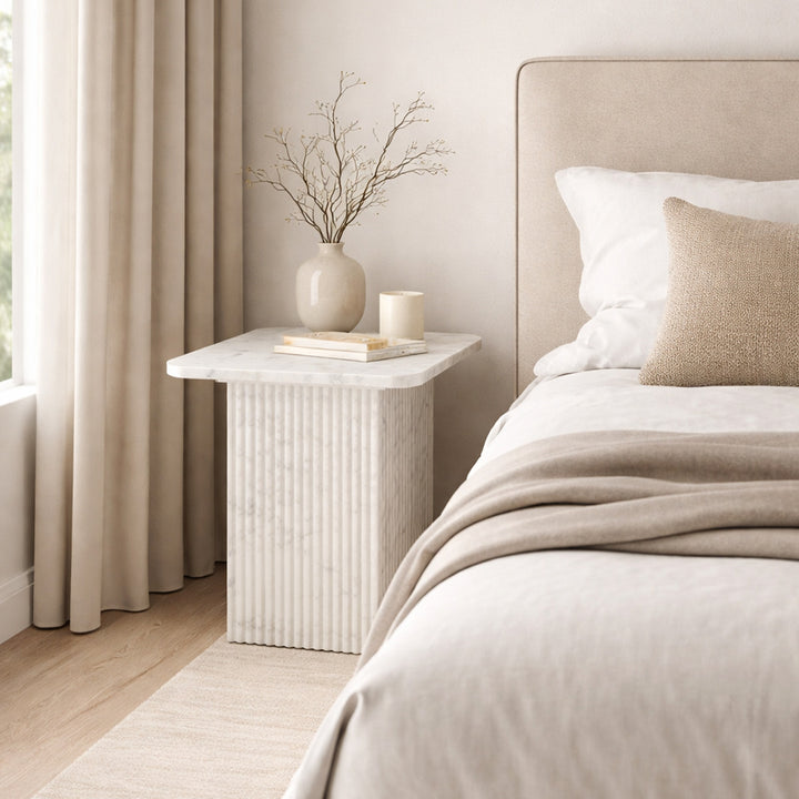 Stonevale Modern Sculpted Marble Accent Table with Fluted Square Pedestal Base