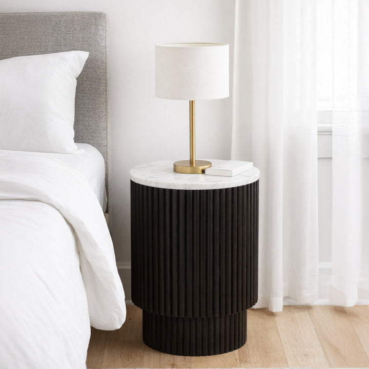Quentaro Mid-Century Modern Round Accent Table with White Marble Top And Hidden Storage
