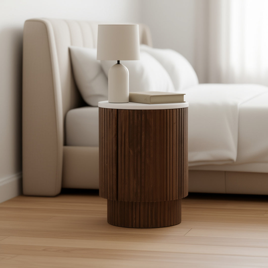 Quentaro Mid-Century Modern Round Accent Table with White Marble Top And Hidden Storage