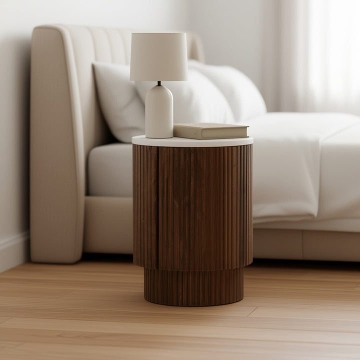 Quentaro Mid-Century Modern Round Accent Table with White Marble Top And Hidden Storage