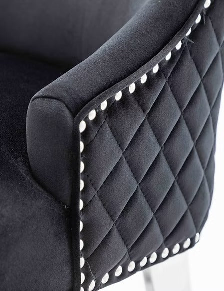 Zenvoro 2-Piece Luxury Dining Chair Set – Black Velvet Chrome Lion Knocker Dining Chairs with Diamond Quilted Back & Button Tufted Design