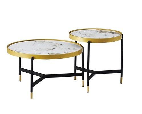 Alvireo Set of 2 Coffee Tables – Modern Sintered Stone Pandora Marble Top with Black &amp; Gold Steel Base