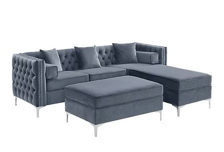 Zenviora Sofa Sectional – Grey Velvet Reversible Sofa with Deep Tufting, Nailhead Details, Chrome Legs &amp; Accent Pillows (With Ottoman)
