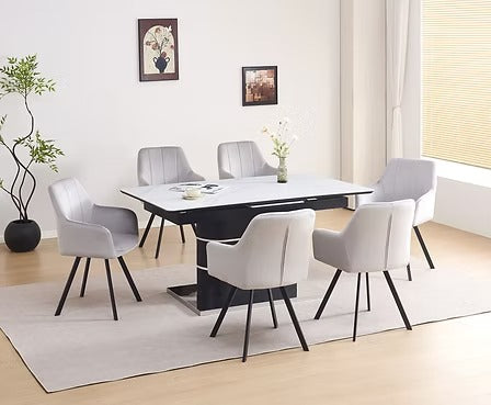 Tervano 7-Piece Dinette Set – Snowy White Marble Extension Table with Grey Velvet Swivel Chairs