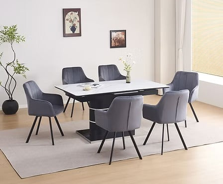 Tervano 7-Piece Dinette Set – Snowy White Marble Extension Table with Grey Velvet Swivel Chairs (Copy)