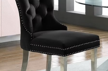 Armelia 7-Piece Dining Set – Black Ceramic Marble Table with Black Velvet Tufted Chairs