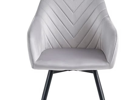 Calvessa 7-Piece Dinette Set – Snowy White Marble Sintered Stone Table with U-Shape Steel Legs & Light Grey Velvet Armrest Chairs