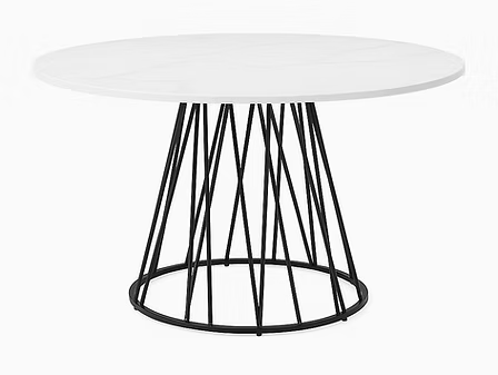 Marvesta 5-Piece Dinette Set – White Marble Veneer Round Table with Black Pedestal Steel Base & Grey Fabric Chairs
