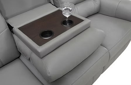 Elarvion 3-Piece Power Recliner Set with Light Grey Genuine Leather/Match, USB Ports &amp; Drop-Down Tray with Cup Holders