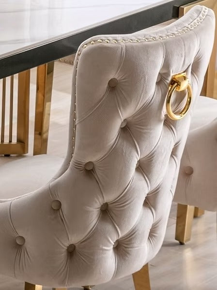 Dolvira Luxury Cream Velvet Dining Chair with Large Gold Knocker, Deep Tufted Back, Nailhead Details and Polished Gold Frame, Modern Glam Accent Chair