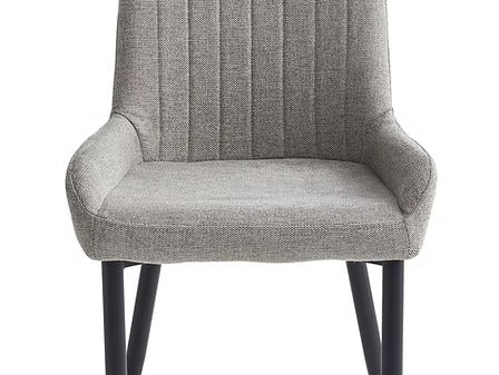Calviano 7-Piece Dinette Set – Wooden Top Table with Black Steel Legs & Grey/Beige Fabric Chairs