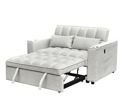 Arquelio Convertible Sofa Bed Sectional – Adjustable Backrest Sleeper Sofa with USB Charging Station, Cup Holders, Side Storage Pocket and Silver Grey Fabric Upholstery