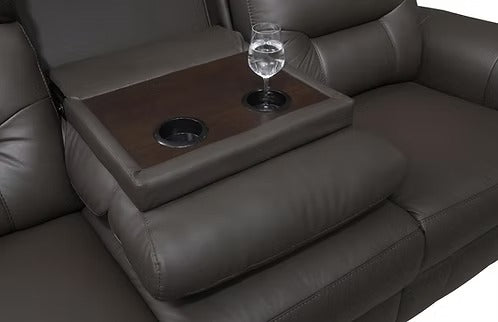 Elarvion 3-Piece Power Recliner Set with Espresso Genuine Leather/Match, USB Ports &amp; Drop-Down Tray with Cup Holders