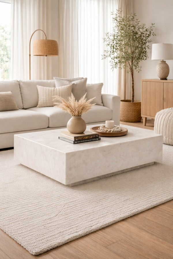 Altamira Luxury Solid Marble Coffee Table with Beveled Edges, Minimalist Block Design & Natural Stone Veining for Modern Elegant Interiors
