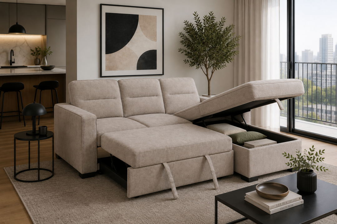 Lorvique Modern Reversible Sectional Sleeper Sofa with Storage Chaise & Pull-Out Bed