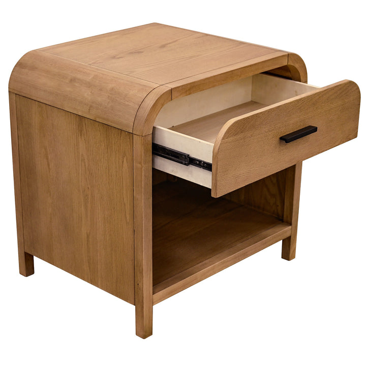 Caldor Night Table – Natural Rubberwood & Oak Veneer with Full-Extension Storage Drawer, Open Shelf & Built-In USB-A, USB-C Charging Station for Modern Bedrooms