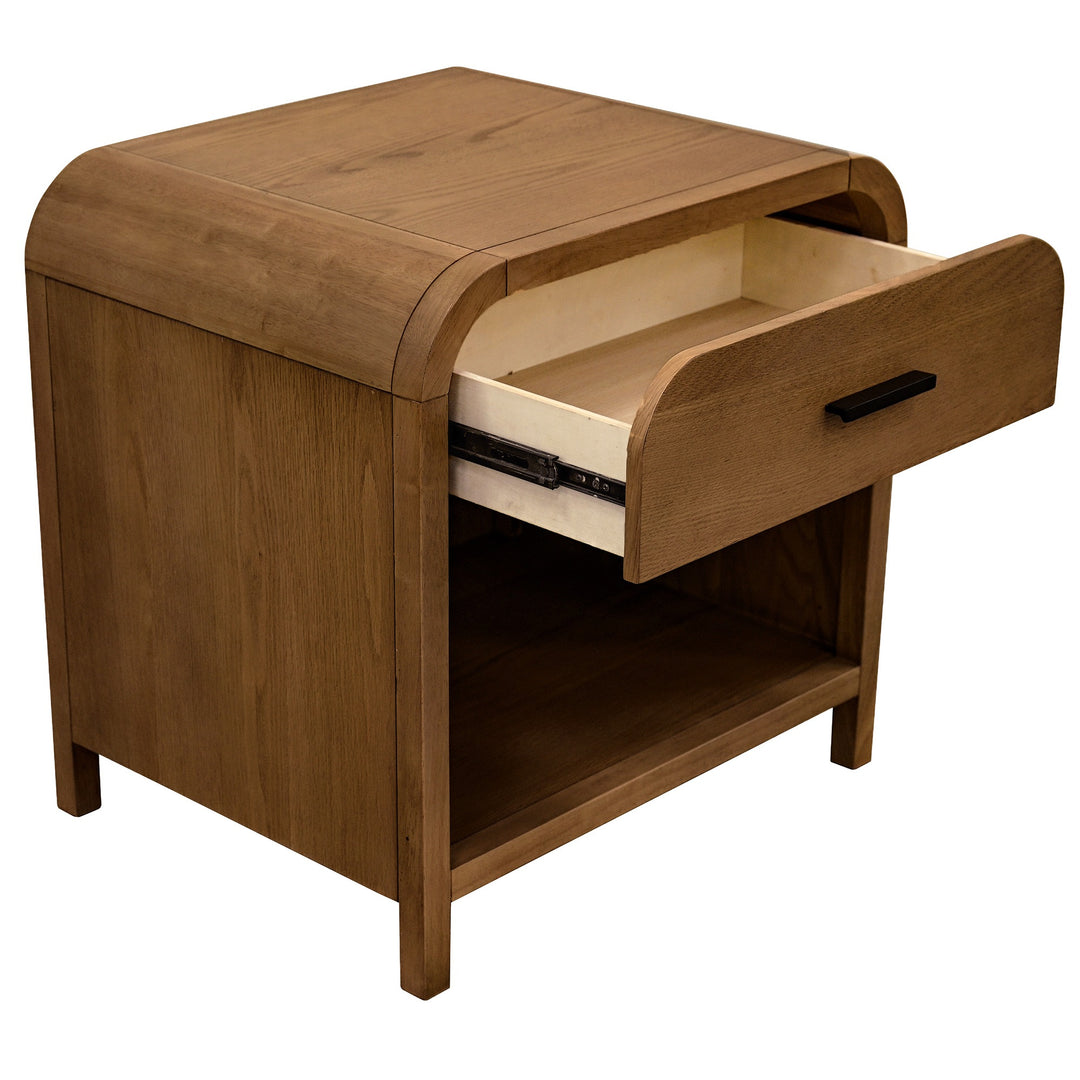 Caldor Night Table – Walnut Rubberwood And Oak Veneer with Full-Extension Storage Drawer, Open Shelf &amp; Built-In USB-A, USB-C Charging Station