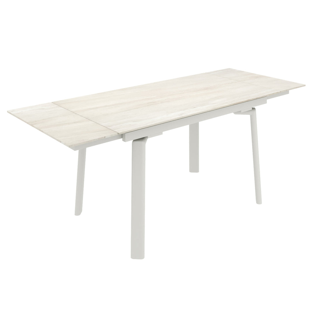 Arden Peak Contemporary Extendable Dining Table – Travertine Sintered Stone Top with Double Extension Leaves, Cream Metal Frame and Modern Dining Room Design